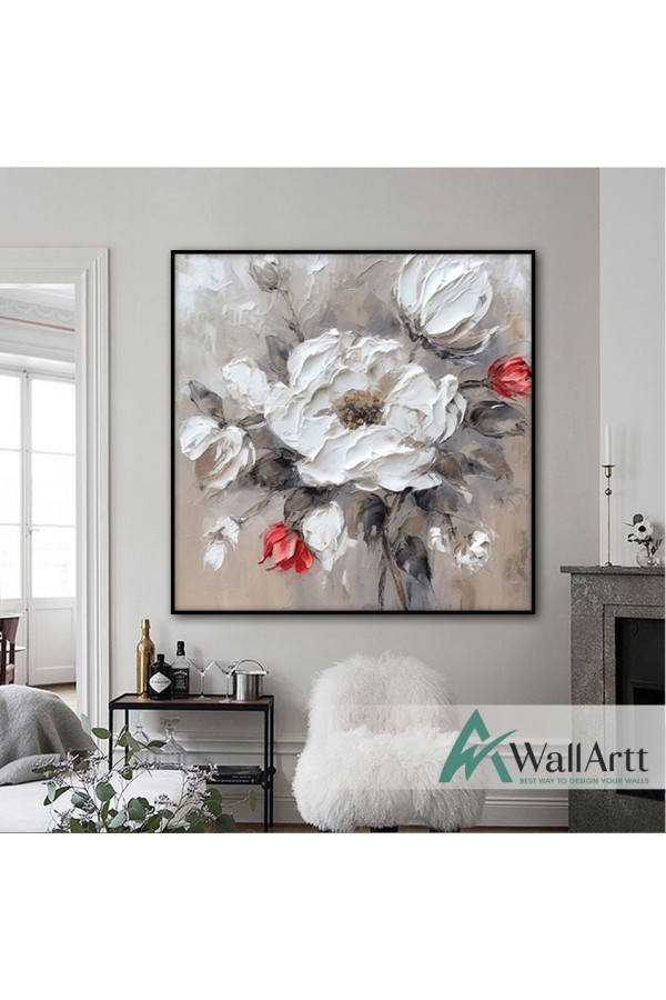 Red White Flowers 3d Heavy Textured Partial Oil Painting